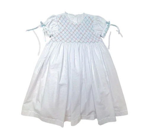 Heirloom Smocked Dress in White Batiste with Pink and Blue