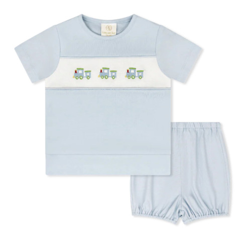 Bayou Bloomer/Short Set in Cloud Blue with Trains