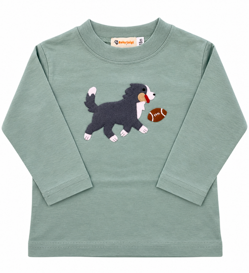 Boys Long Sleeve Tee with Dog and Football in Green