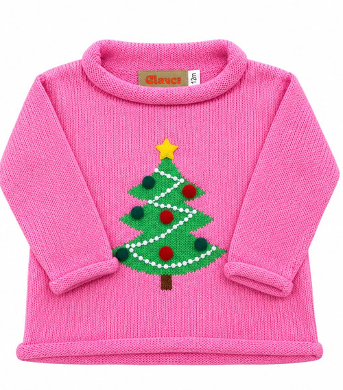 Rollneck Sweater with Christmas Tree and Lights in Hot Pink
