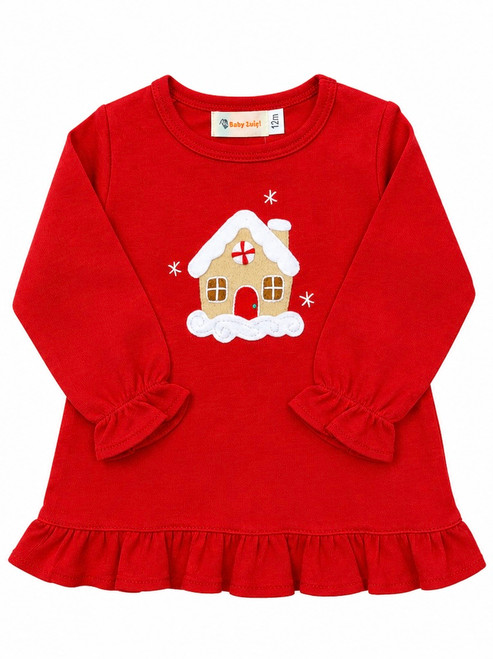 Long Sleeve Swing Top with Gingerbread House on Deep Red