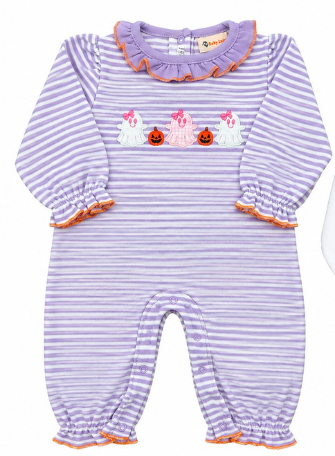 Long Sleeve Romper with Ghosts in Purple Stripes