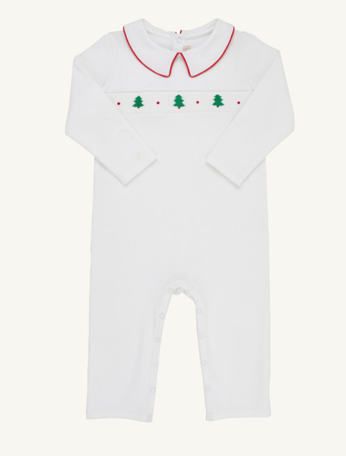 Samuel Smocked Romper in Worth Avenue White with Christmas Trees