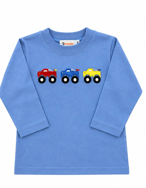 Long Sleeve Tee with Monster Truck Trio in Blue