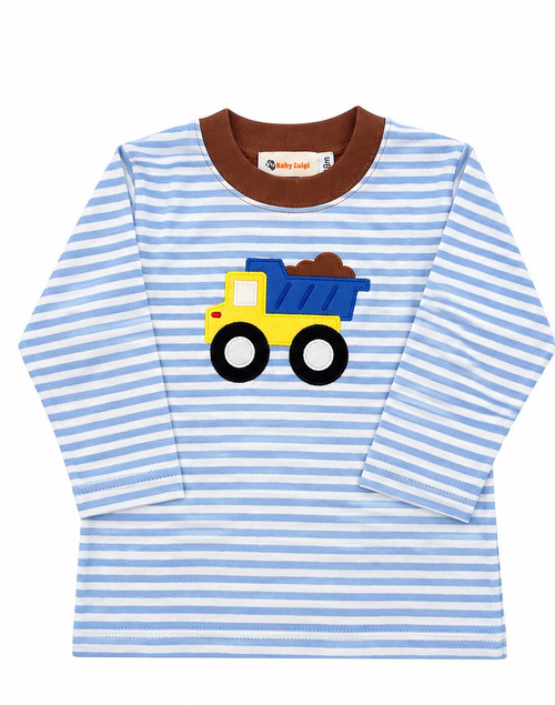 Long Sleeve Tee with Dump Truck on Blue Stripes