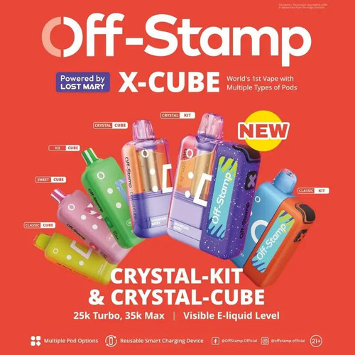 Lost Mary Off-Stamp X Cube Crystal Cube Disposable Kit, colorful vape devices with various designs and colors on a red background.