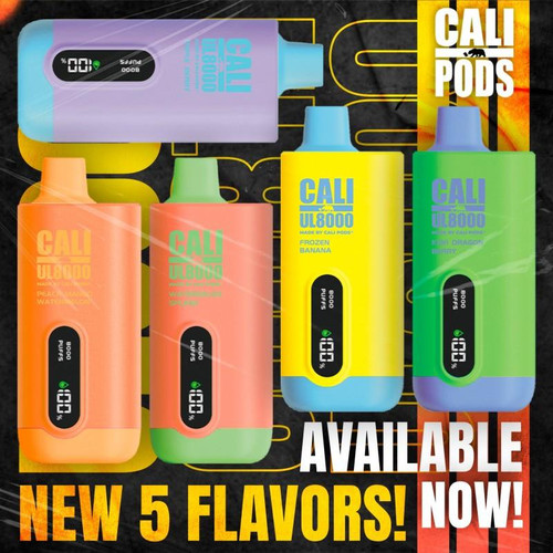 Cali UL8000 Disposable, colorful portable vaporizers in various flavors including Frozen Banana, Kiwi Dragon Berry, Peach Mango Watermelon, Watermelon Splash, displayed in a promotional graphic. Cali UL8000 Disposable, colorful portable vaporizers in various flavors including Frozen Banana, Kiwi Dragon Berry, Peach Mango Watermelon, Watermelon Splash, displayed in a promotional graphic.