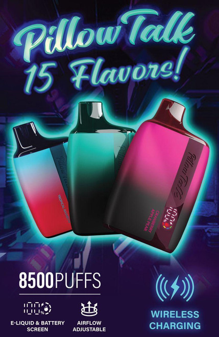 Pillow Talk 8500 Disposable, colorful electronic vaping device bottles with flavors and wireless charging symbol. Pillow Talk 8500 Disposable, colorful electronic vaping device bottles with flavors and wireless charging symbol.