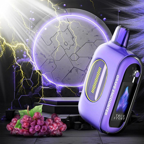 True Story 20K Disposable grape enco inter, portable electronic device with digital display and purple design, on a modern surface with grapes and digital lightning background.