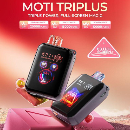 MOTI Triplus 20K, electronic vaping device with full-screen display and compact design.