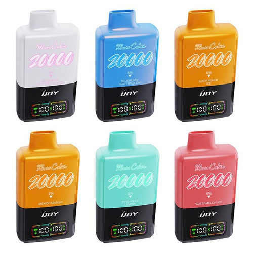 iJoy Mars Cabin 20K Disposable, colorful disposable vape devices in white, blue, orange, yellow, turquoise, and pink with digital display and product details on each.