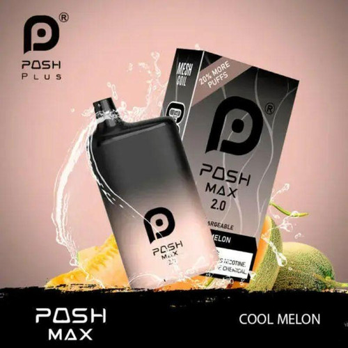 POSH MAX 2.0 5200 disposable vape, sleek black and white device with packaging featuring a melon flavor theme.
