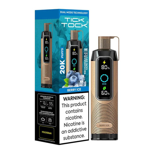 Tick Tock 20K Disposable Vape, berry ice flavor with a digital display and dual mode technology.