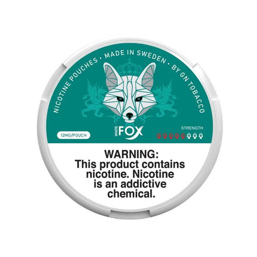 White Fox Nicotine Pouches 12mg, round tin container with the White Fox logo, nicotine content, and warning label.