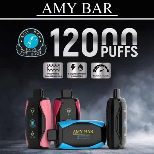 AMY BAR 12000 Disposable, electronic vape device with a sleek black, pink, and blue design and digital display screens.