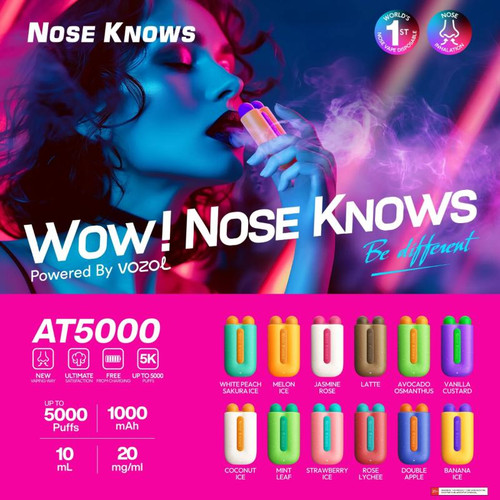 Vozol Nose Knows AT5000 5K Disposable Vape, colorful array of disposable vape devices in different flavors like White Peach Sakura Ice and Melon Ice.