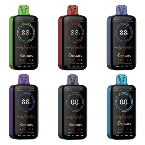 Dragon Zero 16000 Disposable 0% vaping device, six color options including green, red, blue, purple, black, and light blue, featuring a digital display and sleek design.