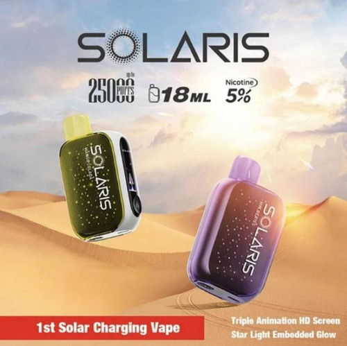 Solaris 25K Disposable, solar-powered vaping device with 25000 puffs, 18ml capacity, 5% nicotine, featuring a sleek design and star light embedded glow.