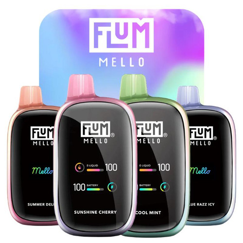 FLUM Mello 20K Disposable, colorful electronic vaping devices with digital displays in pink, green, and blue color variants.