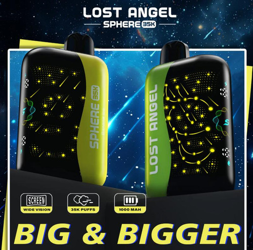 Lost Angel Sphere 35K Disposable, compact and portable vaping device with a black body and yellow-green accents, featuring LED light display and branding.