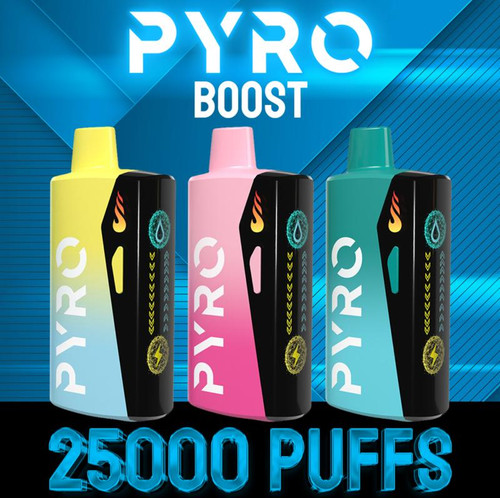 PYRO Boost 25000 Disposable, colorful vaping device with a sleek design, featuring yellow, pink, and teal colors, illustrating the product's high puff capacity of 25,000 puffs.