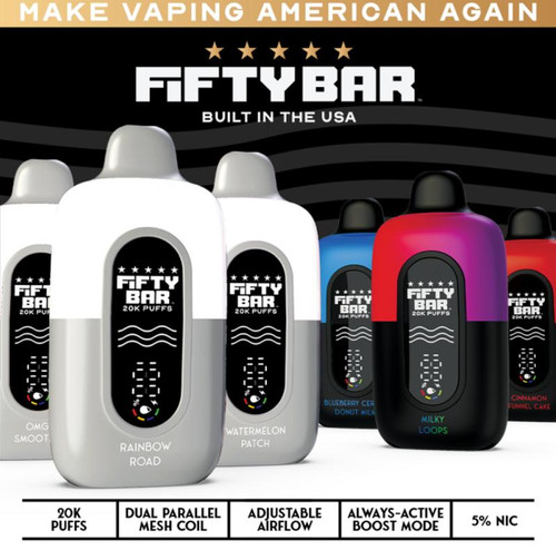 Beard Vape Co. Fifty Bar 20K Disposable, colorful vape device with digital display and flavor options like Rainbow Road and Watermelon Patch.