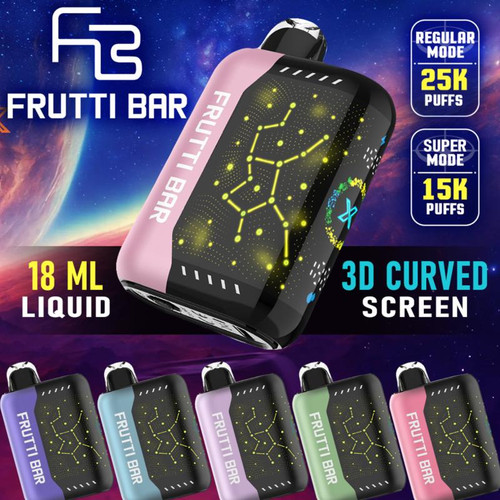 Frutti Bar 25K Disposable, digital vaping device with 3D curved screen displaying constellation design.