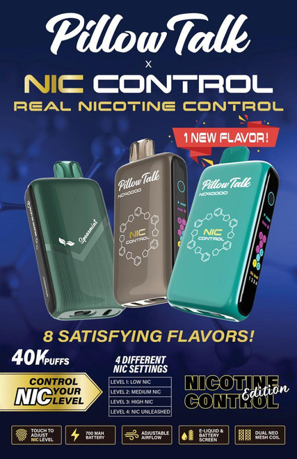 Pillow Talk Nic Control NC40000 vaping device, featuring a sleek design with digital display and customizable nicotine levels. Pillow Talk Nic Control NC40000 vaping device, featuring a sleek design with digital display and customizable nicotine levels.