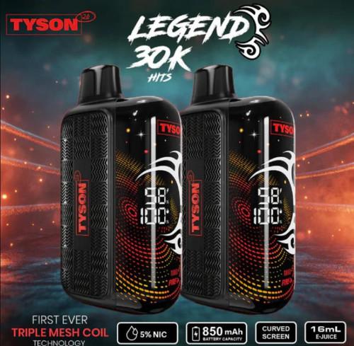 Tyson 2.0 Legend 30K Disposable, two black vape devices with digital displays and red branding, set against a dynamic background with red, orange, and blue lights.