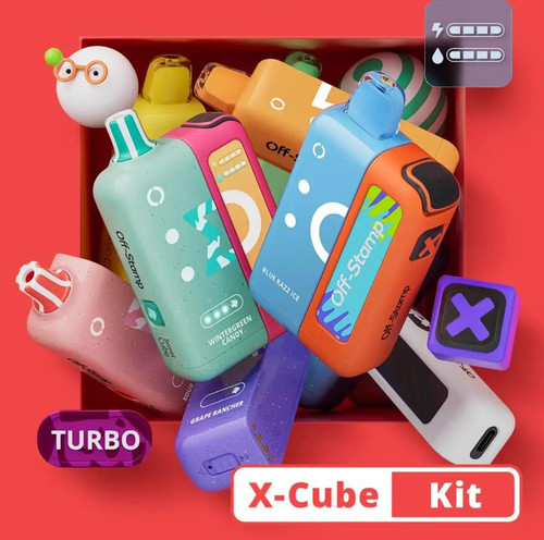 Lost Mary Off-Stamp X Cube 25K Disposable Kit, colorful vaping device packs with vibrant labels and accessories.