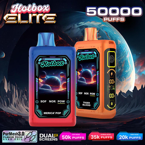 Hotbox HotBox Elite 50K Disposable vape devices, colorful vape pens with digital display, set against a space-themed background, emphasizing the high puff capacity of 50,000 puffs.