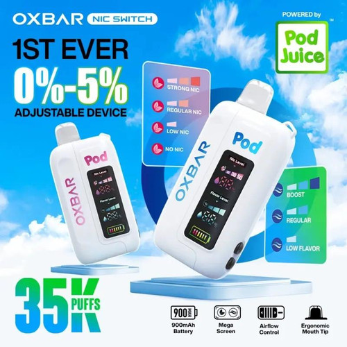 Pod Juice x OXBAR Flavor & Nic 35K, product image of a vaping device with digital display showing nicotine levels, adjustable device with 900mAh battery, mega screen, airflow control, and ergonomic mouth tip against a cloudy sky background.