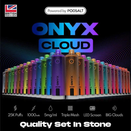 PodSalt Onyx Cloud 25K Disposable, a lineup of colorful vape devices with a black background and product features listed at the bottom.
