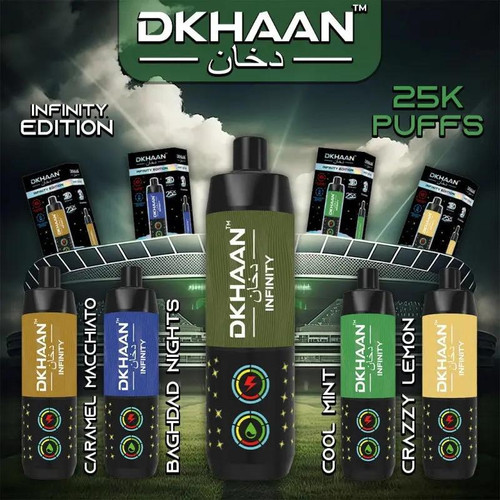 DKHAAN Infinity 25K Disposable Vape, variety of flavors including caramel, blueberry, baghdadi nights, mint, crazy lemon, and caramel.