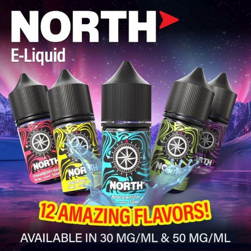 NORTH North Nicotine Salt E-Liquid 30ML package, showcasing a variety of colorful bottles with different flavors against a vibrant, starry night background.