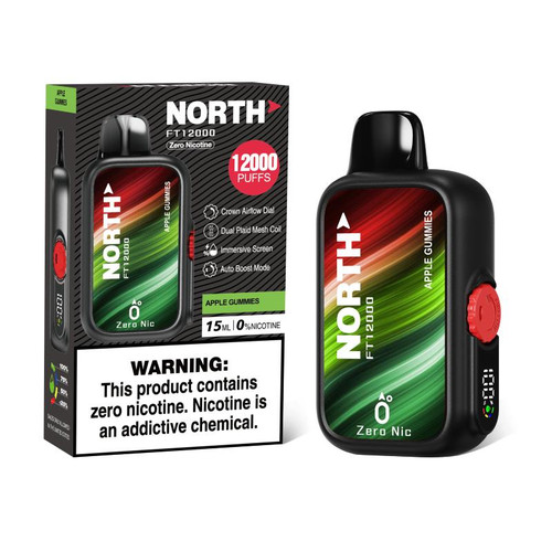 NORTH North FT12000 0% Disposable, black vape device with colorful label and red button, alongside its packaging showing product features and warning label.