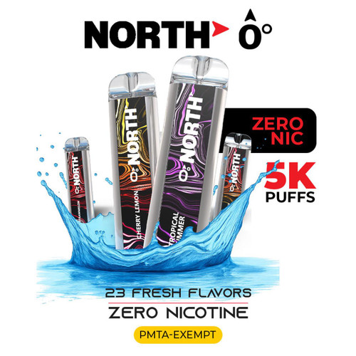 NORTH North 5000 Disposable 0%, product image showing multiple flavored puffs, water splash design, emphasizing zero nicotine and 23 fresh flavors.