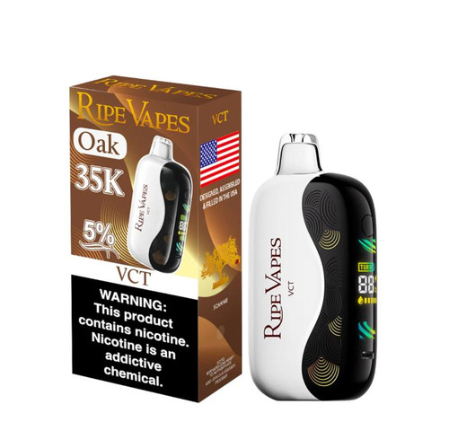 Ripe Vapes Oak 35K Disposable, vape device with black and white design featuring digital display and colorful graphics.