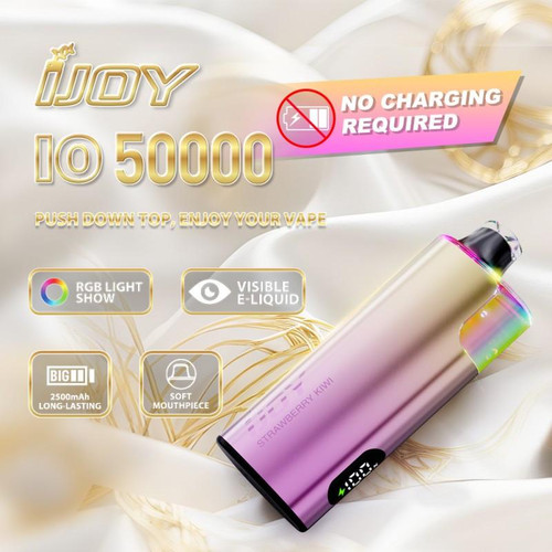 iJoy Bar IO50000 Disposable, sleek metallic vape device with rainbow RGB lighting and visible e-liquid transparency.