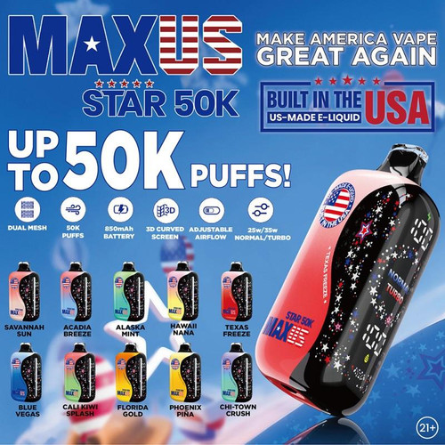 MAXUS Star 50K Disposable vape device, black with colorful star pattern and digital display screen.