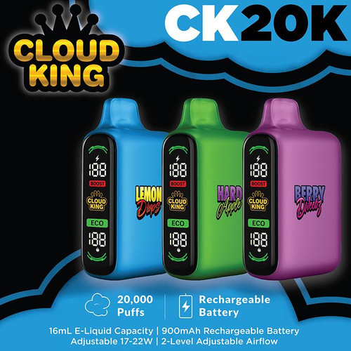 Cloud King 20K Disposable vaping device, featuring a digital display, colorful body options in blue, green, and purple, and labels indicating 20,000 puffs, rechargeable battery, and adjustable airflow.