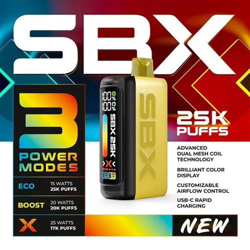SBX 25K Disposable Vape, electronic vaping device with colorful display and yellow and black body.