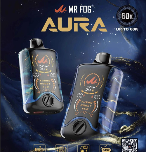 Mr Fog Aura 60K vape device, sleek black and blue vaping device with digital display and adjustable settings, featuring turbo boost and eco mode options.