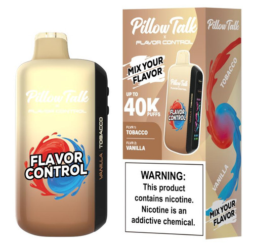 Pillow Talk Flavor Control 40K, vape device with nicotine flavor control and nicotine warning label, featuring a sleek beige and black design with colorful flavor splash graphics.