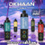 Dkhaan Infinity 25K Disposable, electronic vaping device with colorful interface and palm trees background.