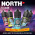 NORTH North Nicotine Salt E-Liquid 30ML package, showcasing a variety of colorful bottles with different flavors against a vibrant, starry night background.