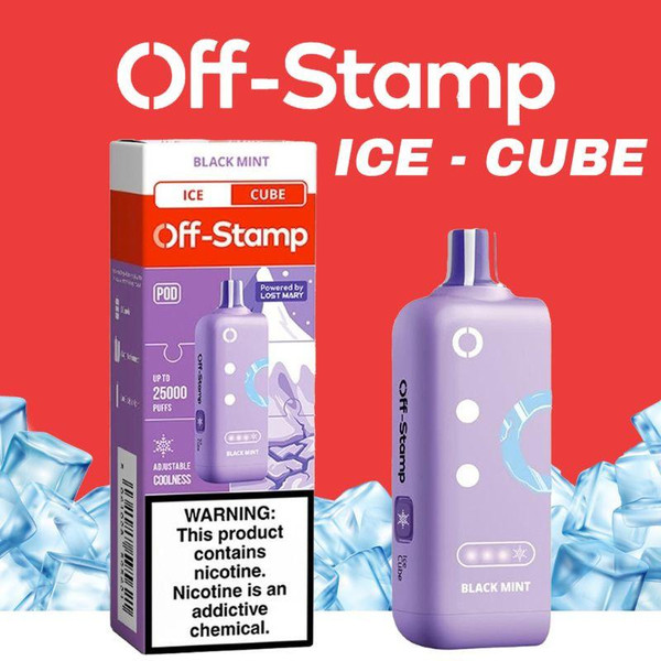 Lost Mary Off-Stamp X Cube Ice 25K Pod, purple vape device with cool mint flavor, next to packaging box featuring the product and ice cubes in the background.