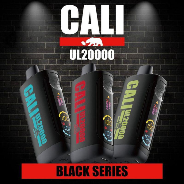 Cali UL20000 Disposable Vape, black series with digital display screen and colorful branding in blue, red, and green, set against a dark brick wall background.