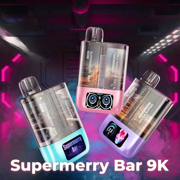 Supermerry Bar 25K Disposable, sleek electronic vaping devices with colorful accents and digital displays in a high-tech environment.