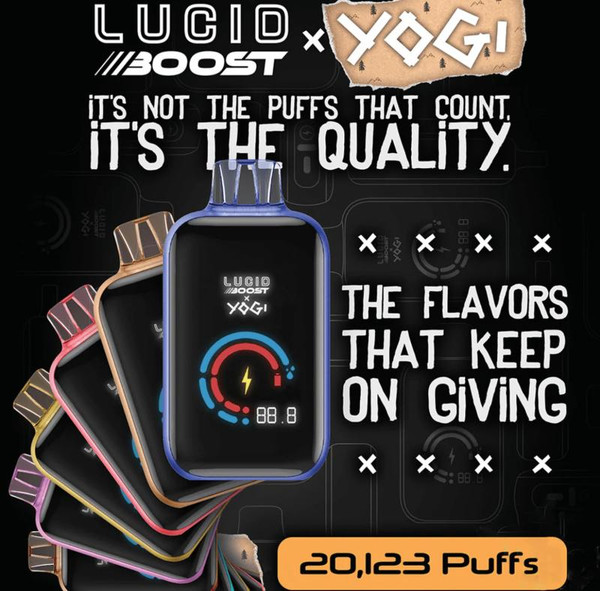 Product Yogi Lucid Boost x Yogi 20K, a digital vaping device with multiple color options and a display screen, emphasizing flavor and quality.